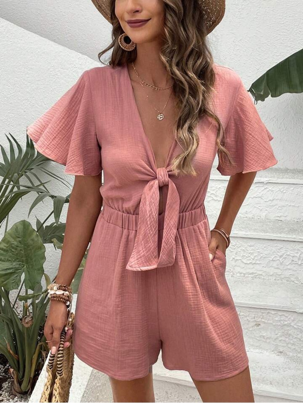 Frenchy Knot Front Butterfly Sleeve Woven Cotton Romper Dusty Pink Size Lrg
